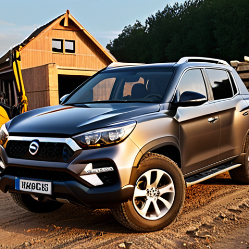 **

Prompt: A rugged SsangYong Rexton Sports parked in front of a chantier (construction site) in the French countryside. Tools and equipment are visible in the truck bed. The sun is setting, casting a warm glow on the scene. Focus on the vehicle's robust build and utilitarian purpose. Consider including a figure in work clothes near the truck. Style: Realistic, cinematic lighting.

**