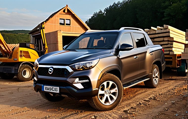 **

Prompt: A rugged SsangYong Rexton Sports parked in front of a chantier (construction site) in the French countryside. Tools and equipment are visible in the truck bed. The sun is setting, casting a warm glow on the scene. Focus on the vehicle's robust build and utilitarian purpose. Consider including a figure in work clothes near the truck. Style: Realistic, cinematic lighting.

**