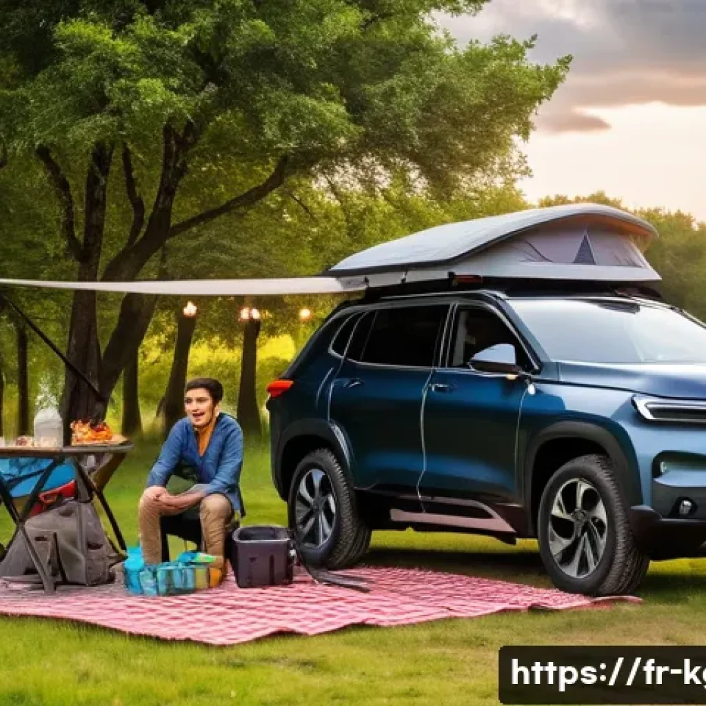 쌍용 토레스 전기차 주행 거리 - **Prompt**: A KGM Torres EVX, a modern and rugged electric SUV, is parked at a picturesque campsite ...