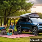 Home 18 쌍용 토레스 전기차 주행 거리 - **Prompt**: A KGM Torres EVX, a modern and rugged electric SUV, is parked at a picturesque campsite ...