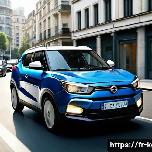 Home 15 쌍용 티볼리 가솔린 VS 디젤 연비 - A modern SsangYong Tivoli city scene, showing the gasoline engine version driving smoothly through u...