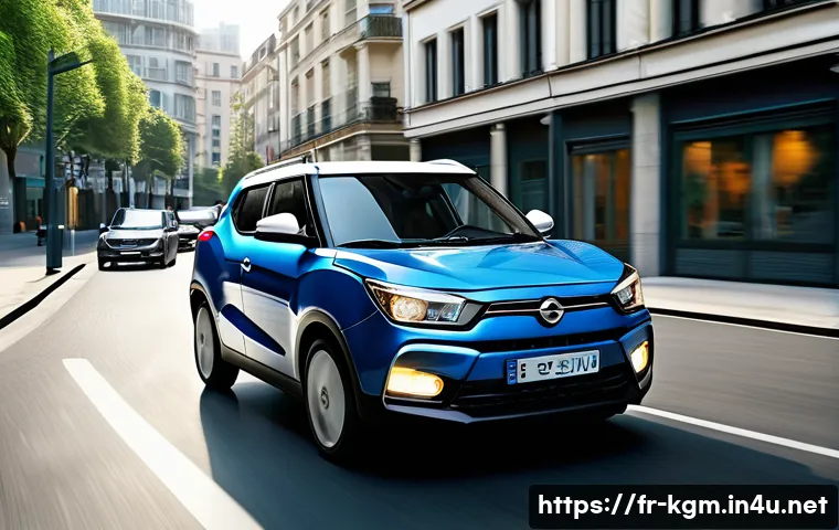 쌍용 티볼리 가솔린 VS 디젤 연비 - A modern SsangYong Tivoli city scene, showing the gasoline engine version driving smoothly through u...