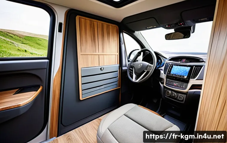 쌍용 렉스턴 스포츠의 캠핑카 개조 - A compact camper interior inside a SsangYong Rexton Sports, showcasing modular foldable furniture in...