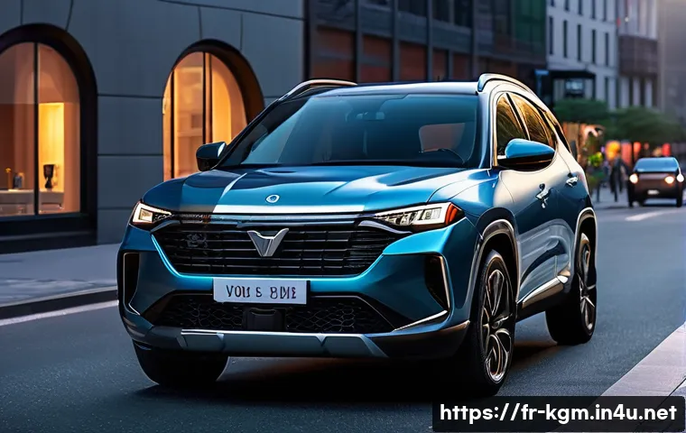 쌍용 토레스 고객 후기 - A robust and modern compact SUV parked on a city street at dusk, featuring angular lines, a large im...