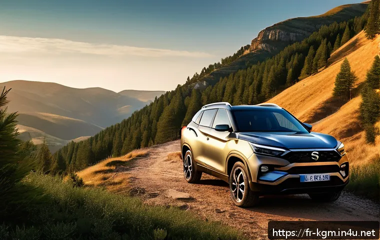 쌍용 토레스와 현대 싼타페 하이브리드 비교 - A rugged SsangYong Torres hybrid SUV parked on a rocky mountain trail at sunset, showcasing its bold...