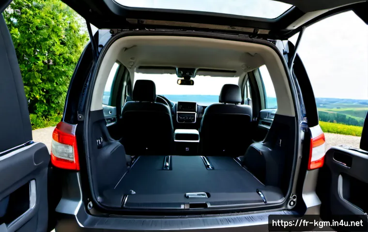 Home 17 쌍용 토레스 내부 공간 리뷰 - Photorealistic wide-angle view from the open rear door of a spacious modern midsize SUV interior, fl...